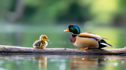 A Mandarin Duck with her cub, mother love and care in wildlife scene