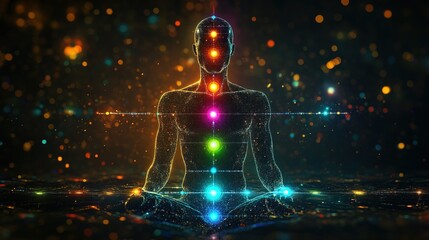 A glowing human body with chakras aligned and scientifically visualized 