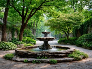 Park fountain in lush greenery