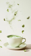 A Minimalist and realistic photography, a poder matcha on a hot matcha cup on a table, with particles around it, background is pastel white 