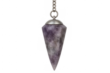 Purple amethyst pendulum swinging on delicate silver chain, symbolizing spiritual healing and metaphysical energy measurement against clean background
