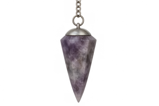 Purple amethyst pendulum swinging on delicate silver chain, symbolizing spiritual healing and metaphysical energy measurement against clean background