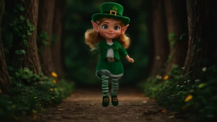 Magical Leprechaun's Forest Stroll: A whimsical leprechaun strides cheerfully along a dappled woodland path, its emerald attire a vivid contrast against the soft, sun-drenched backdrop.