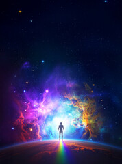 Small Abstract Male Figure in Vast Surreal Galaxy – Concept of Solitude, Exploration, and Cosmic Wonder in a Colorful Universe