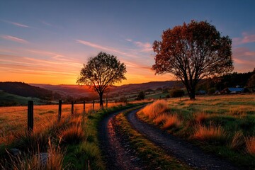Scenic country road at sunset
