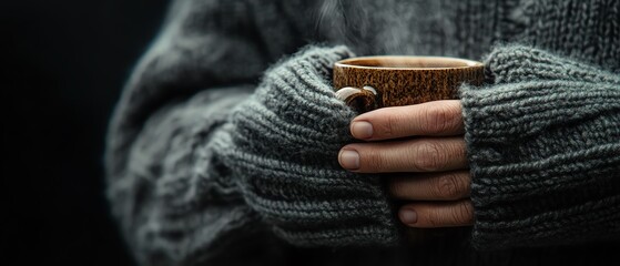 Cropped image of arm in sweater sleeve holding hot cup