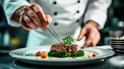 Chef plating a steak
