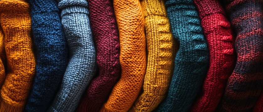 Flat lay of colorful wool sweaters on checkered cloth