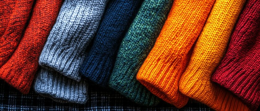 Flat lay of colorful wool sweaters on checkered cloth