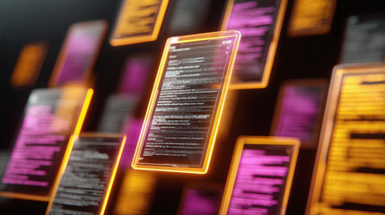 Floating digital screens with lines of code in neon colors represent data processing and futuristic technology in a dark virtual environment.