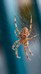 Close-up view of brown spider on web in natural habitat