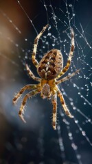 Obraz premium Close-up of spider on web with dew drops in natural sunlight