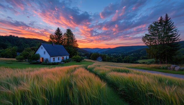 Sunset over a farmhouse