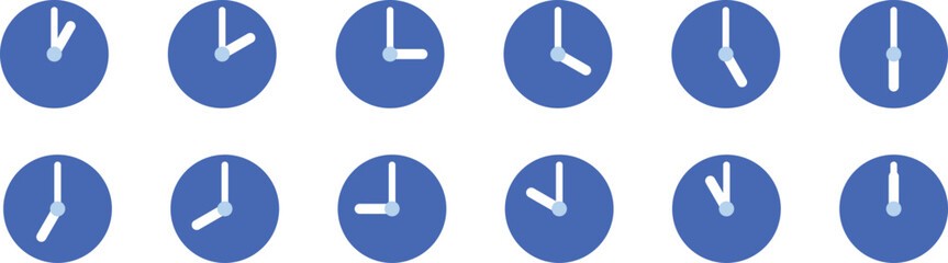 A set of flat-style clock illustrations showing full hours from 1 to 12. Perfect for use in time-related designs, schedules, daily routines, time management apps, education, or productivity visuals.
