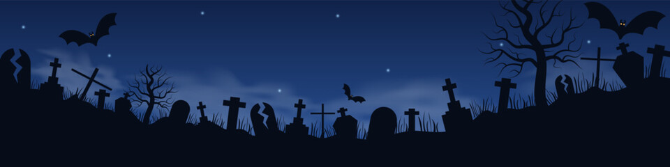 Halloween background with graveyard silhouettes, bats and copy space for your billboard design or title. Horizontal vector illustration in flat style, dark blue black colors, copy space