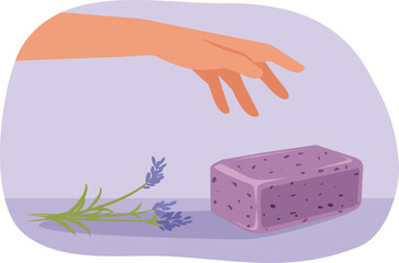 Hand Reaching Towards a Lavender Soap Vector Cartoon Illustration. Woman using a homemade cosmetic product with natural ingredients  
