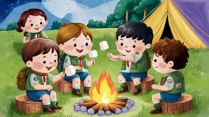 Happy cartoon scouts enjoy roasting and eating puffy marshmallows together around a warm campfire at their campsite - Powered by Adobe