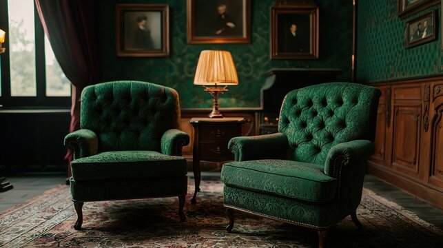 Two elegant green armchairs sit in a classic, vintage room with wood paneling, warm lighting, and framed portraits on the walls. - Powered by Adobe