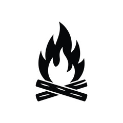 Simple Black and White Bonfire Icon with Crossed Logs and Flames