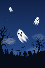 Horizontal Happy Halloween mockup card with ghosts, clouds, graveyard, bat on dark blue black background. Perfect for poster, banner, card and more. Vector illustration in flat style