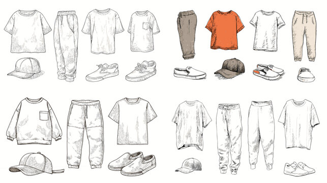 Hand-drawn casual fashion essentials including t-shirts, pants, caps, and sneakers in minimalist sketch style, great for apparel design, branding, or e-commerce use.

