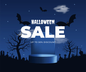 Happy Halloween sale banner clipart background design. Sale special offer 50 percent discount for holiday season template with podium bats trees cemetery flat style dark blue black  background. Vector
