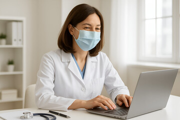 Female Doctor in White Coat Using Laptop Wearing Light Blue Surgical Mask.