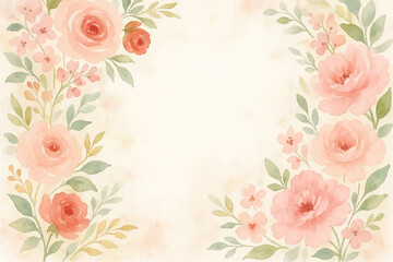 Vintage floral background with romantic pink roses, elegant frame, and decorative hearts for a wedding or Valentine's Day card design