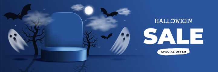 Happy Halloween sale banner clipart background design. Special offer for holiday season template with podium flying ghosts moon bats clouds trees flat style dark blue background. Vector illustration