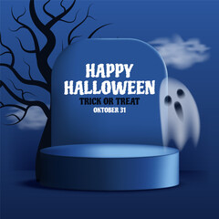 Happy Halloween banner with podium, ghost, tree and spooky sky. Trick or treat design for holiday template flat style dark blue background. Vector illustration
