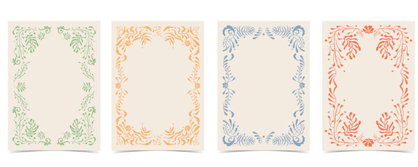 Retro flower and leaves frame background in wavy line style for vertical A4 design