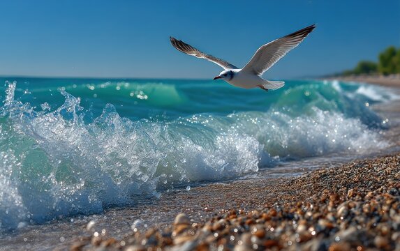 Seagull flying over turquoise waves