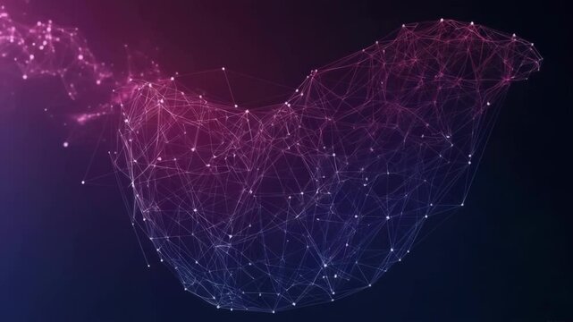 Abstract network design with interconnected nodes and lines.  A dynamic, flowing,  shape emerges from a  gradient of dark purple to violet