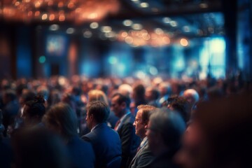 Crowd of Business Professionals Attending Conference with Blurred Background and Soft Lighting in Modern Venue
