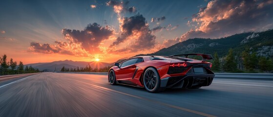 Red sports car on highway at sunset