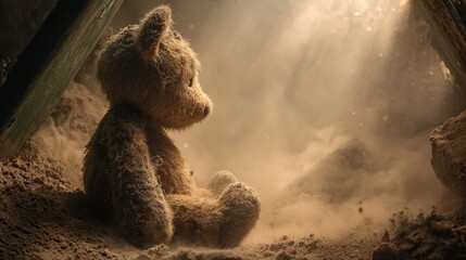 A weathered teddy bear sits forlornly amidst a dusty, dimly lit subterranean space, bathed in a single ray of light