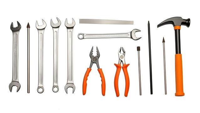 A neatly arranged set of essential hand tools including wrenches, pliers, screwdrivers, a hammer, and a metal file, all placed against a clean white background.  - Powered by Adobe