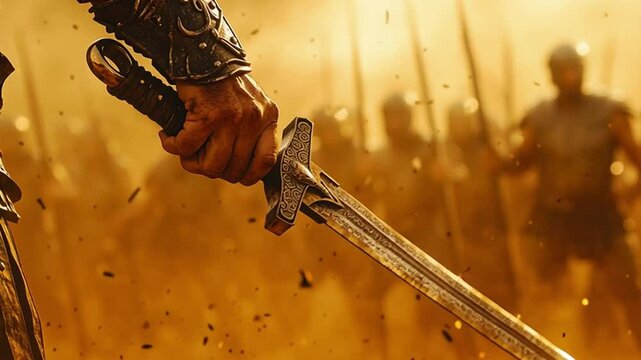 Ancient Warrior and Sword: A powerful and weathered warrior brandishes a gleaming sword amidst a chaotic battle, symbolizing strength, courage, and the intensity of combat.