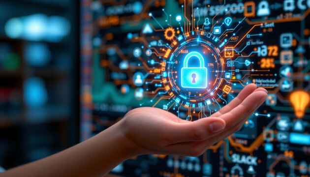 Hand showing digital lock symbol surrounded by technology icons, representing cybersecurity and data protection. image conveys sense of security and innovation