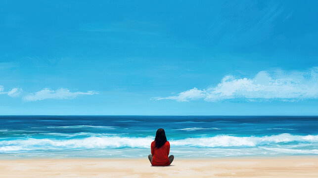 A Woman sits on the shore, facing away from us with its back to the viewer and looking at an endless ocean. 