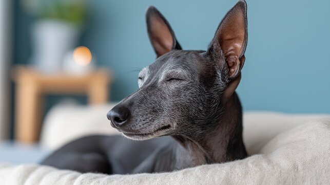 Elegant senior Xoloitzcuintli dog resting peacefully on a soft blanket. The minimalist home background and the dog's serene expression evoke calm and comfort