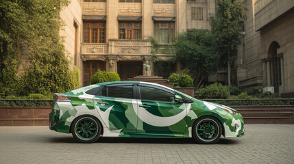 Side View of Car Wrapped Fully in Pakistan Flag - National Day Decoration
