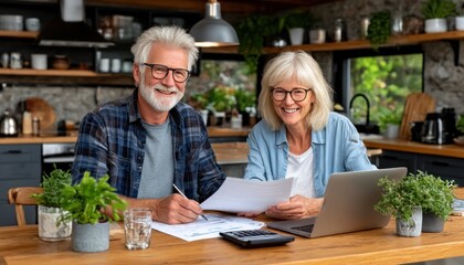 Senior couple working in kitchen