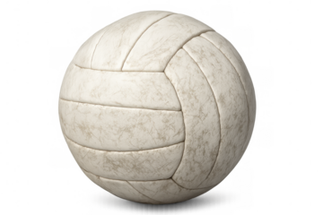 Close-up of a vintage, worn-out white volleyball showing signs of wear and tear, isolated on a transparent background
