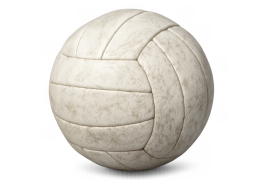 Close-up of a vintage, worn-out white volleyball showing signs of wear and tear, isolated on a transparent background