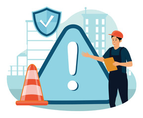 Workplace safety concept. Man Emphasizing Safety with Warning Sign and Check Mark Shield.