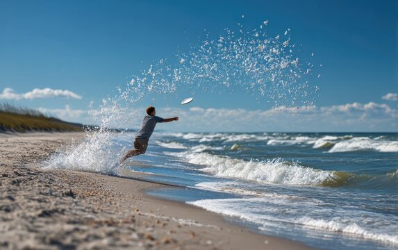 Person playing frisbee on a sunny beach - Powered by Adobe