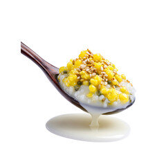 Delicious Creamy Rice Pudding with Sesame Seeds and Yellow Sweet Corn in Wooden Spoon