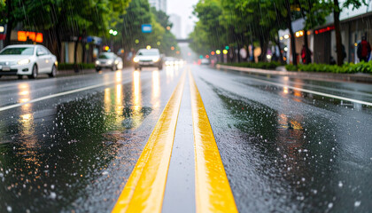 Close-up of a wet city road on a rainy day.