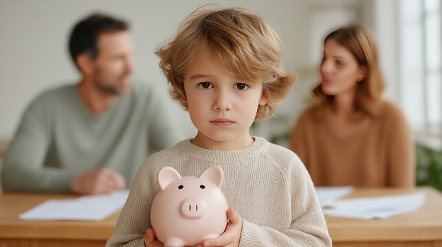 Sad boy holding a pink piggy bank while sitting between arguing parents, symbolizing financial insecurity and emotional stress in family dynamics. Soft natural lighting emphasizes the emotional depth